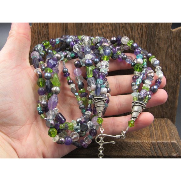 20" Sterling Silver Amethyst Pearl Peridot Quartz Necklace Vintage Minimalist - Picture 2 of 7